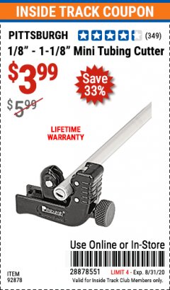 Harbor Freight ITC Coupon PITTSBURGH 1/8 IN. Lot No. 92878 Expired: 8/31/20 - $3.99