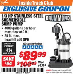 Harbor Freight ITC Coupon 1/3 HP SUBMERSIBLE SUMP PUMP WITH HEAVY DUTY VERTICAL FLOAT SWITCH  Lot No. 63399 Expired: 3/31/20 - $89.99
