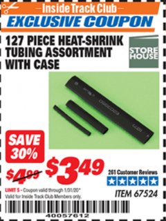 Harbor Freight ITC Coupon 127 PIECE HEAT-SHRINK TUBING ASSORTMENT WITH CASE  Lot No. 67524 Expired: 1/31/20 - $3.49