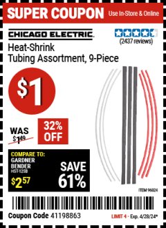Harbor Freight Coupon 127 PIECE HEAT-SHRINK TUBING ASSORTMENT WITH CASE  Lot No. 67524 Valid Thru: 4/28/24 - $1