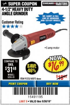 Harbor Freight Coupon 4-1/2" HEAVY DUTY ANGLE GRINDER Lot No. 91223/60372 Expired: 9/30/18 - $16.99