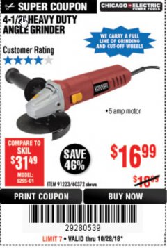 Harbor Freight Coupon 4-1/2" HEAVY DUTY ANGLE GRINDER Lot No. 91223/60372 Expired: 10/28/18 - $16.99