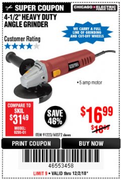 Harbor Freight Coupon 4-1/2" HEAVY DUTY ANGLE GRINDER Lot No. 91223/60372 Expired: 12/2/18 - $16.99