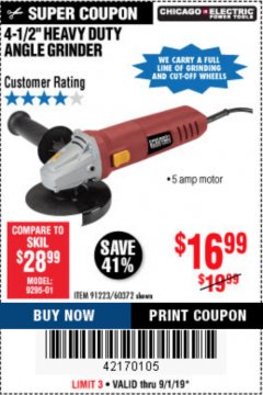 Harbor Freight Coupon 4-1/2" HEAVY DUTY ANGLE GRINDER Lot No. 91223/60372 Expired: 9/1/19 - $16.99