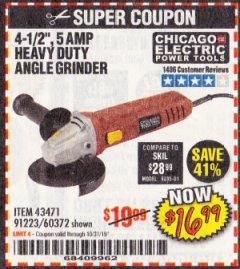 Harbor Freight Coupon 4-1/2" HEAVY DUTY ANGLE GRINDER Lot No. 91223/60372 Expired: 10/31/19 - $16.99