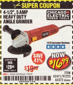 Harbor Freight Coupon 4-1/2" HEAVY DUTY ANGLE GRINDER Lot No. 91223/60372 Expired: 11/30/19 - $16.99