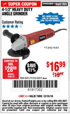Harbor Freight Coupon 4-1/2" HEAVY DUTY ANGLE GRINDER Lot No. 91223/60372 Expired: 12/15/19 - $16.99