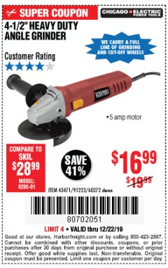 Harbor Freight Coupon 4-1/2" HEAVY DUTY ANGLE GRINDER Lot No. 91223/60372 Expired: 12/22/19 - $16.99