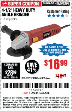 Harbor Freight Coupon 4-1/2" HEAVY DUTY ANGLE GRINDER Lot No. 91223/60372 Expired: 2/9/20 - $16.99