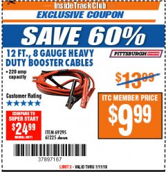 Harbor Freight ITC Coupon 12 FT., 8 GAUGE HEAVY DUTY BOOSTER CABLES Lot No. 69295/61225 Expired: 7/17/18 - $9.99