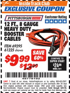 Harbor Freight ITC Coupon 12 FT., 8 GAUGE HEAVY DUTY BOOSTER CABLES Lot No. 69295/61225 Expired: 8/31/18 - $9.99