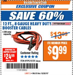 Harbor Freight ITC Coupon 12 FT., 8 GAUGE HEAVY DUTY BOOSTER CABLES Lot No. 69295/61225 Expired: 10/30/18 - $9.99