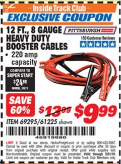 Harbor Freight ITC Coupon PITTSBURGH 12 FT. 8 GAUGE JUMPER CABLES Lot No. 61225/69295 Expired: 5/31/19 - $9.99