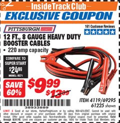 Harbor Freight ITC Coupon 12 FT., 8 GAUGE HEAVY DUTY BOOSTER CABLES Lot No. 69295/61225 Expired: 8/31/19 - $9.99