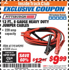 Harbor Freight ITC Coupon 12 FT., 8 GAUGE HEAVY DUTY BOOSTER CABLES Lot No. 69295/61225 Expired: 1/31/20 - $9.99
