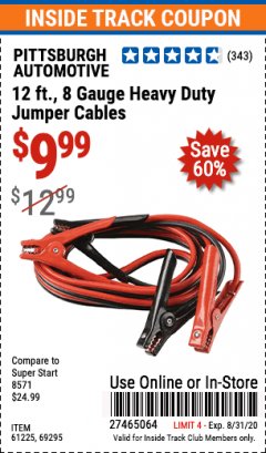 Harbor Freight ITC Coupon 12 FT., 8 GAUGE HEAVY DUTY BOOSTER CABLES Lot No. 69295/61225 Expired: 8/31/20 - $9.99