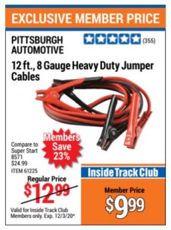 Harbor Freight ITC Coupon PITTSBURGH 12 FT. 8 GAUGE JUMPER CABLES Lot No. 61225/69295 Expired: 12/3/20 - $9.99