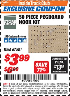 Harbor Freight ITC Coupon 50 PIECE PEGBOARD HOOK KIT Lot No. 67581 Expired: 1/31/19 - $3.99