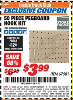 Harbor Freight ITC Coupon 50 PIECE PEGBOARD HOOK KIT Lot No. 67581 Expired: 5/31/19 - $3.99