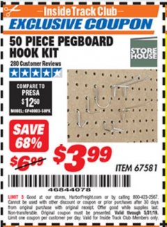 Harbor Freight ITC Coupon STOREHOUSE PEGBOARD HOOK KIT, 50 PIECE Lot No. 67581 Expired: 5/31/19 - $3.99