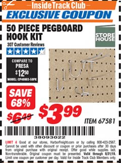Harbor Freight ITC Coupon 50 PIECE PEGBOARD HOOK KIT Lot No. 67581 Expired: 8/31/19 - $3.99