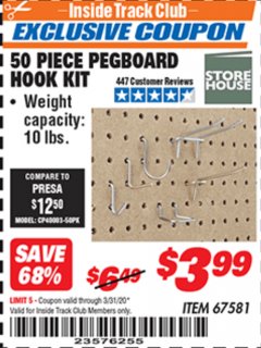 Harbor Freight ITC Coupon 50 PIECE PEGBOARD HOOK KIT Lot No. 67581 Expired: 3/31/20 - $3.99