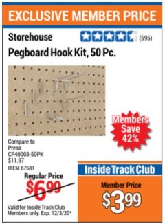 Harbor Freight ITC Coupon STOREHOUSE PEGBOARD HOOK KIT, 50 PIECE Lot No. 67581 Expired: 12/3/20 - $3.99