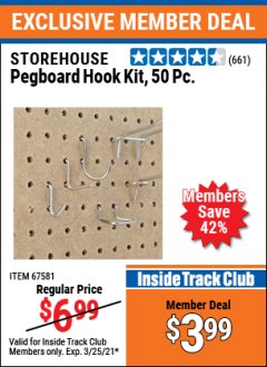Harbor Freight ITC Coupon 50 PIECE PEGBOARD HOOK KIT Lot No. 67581 Expired: 3/25/21 - $3.99