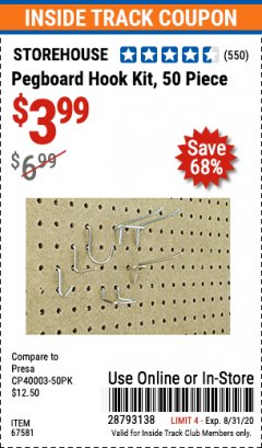 Harbor Freight Coupon 50 PIECE PEGBOARD HOOK KIT Lot No. 67581 Expired: 8/31/20 - $3.99