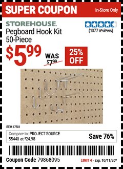 Harbor Freight Coupon STOREHOUSE PEGBOARD HOOK KIT, 50-PIECE Lot No. 67581 EXPIRES: 10/11/26 - $5.99