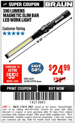 Harbor Freight ITC Coupon BRAUN 390 LUMEN SLIM BAR FOLDING LED WORKLIGHT Lot No. 63958/56248/56329 Expired: 1/10/19 - $24.99