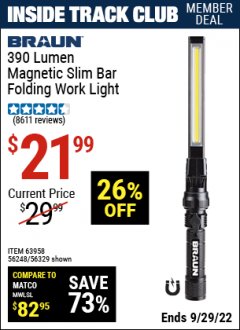 Harbor Freight ITC Coupon BRAUN 390 LUMEN SLIM BAR FOLDING LED WORKLIGHT Lot No. 63958/56248/56329 Expired: 9/29/22 - $21.99