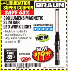 Harbor Freight Coupon BRAUN 390 LUMEN SLIM BAR FOLDING LED WORKLIGHT Lot No. 63958/56248/56329 Expired: 6/30/18 - $19.99