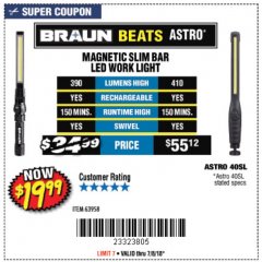 Harbor Freight Coupon BRAUN 390 LUMEN SLIM BAR FOLDING LED WORKLIGHT Lot No. 63958/56248/56329 Expired: 7/8/18 - $19.99