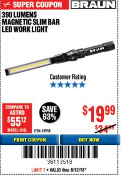 Harbor Freight Coupon BRAUN 390 LUMEN SLIM BAR FOLDING LED WORKLIGHT Lot No. 63958/56248/56329 Expired: 8/12/18 - $19.99