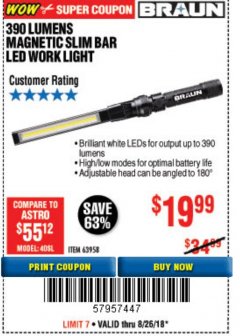 Harbor Freight Coupon BRAUN 390 LUMEN SLIM BAR FOLDING LED WORKLIGHT Lot No. 63958/56248/56329 Expired: 8/26/18 - $19.99