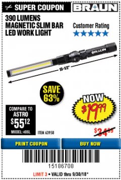 Harbor Freight Coupon BRAUN 390 LUMEN SLIM BAR FOLDING LED WORKLIGHT Lot No. 63958/56248/56329 Expired: 9/30/18 - $19.99