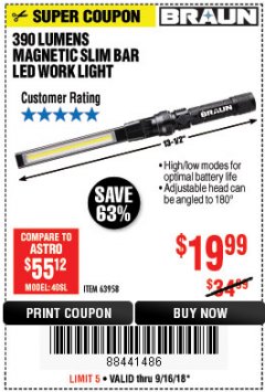 Harbor Freight Coupon BRAUN 390 LUMEN SLIM BAR FOLDING LED WORKLIGHT Lot No. 63958/56248/56329 Expired: 9/16/18 - $19.99