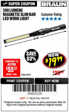 Harbor Freight Coupon BRAUN 390 LUMEN SLIM BAR FOLDING LED WORKLIGHT Lot No. 63958/56248/56329 Expired: 10/21/18 - $19.99