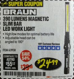 Harbor Freight Coupon BRAUN 390 LUMEN SLIM BAR FOLDING LED WORKLIGHT Lot No. 63958/56248/56329 Expired: 11/30/18 - $24.99