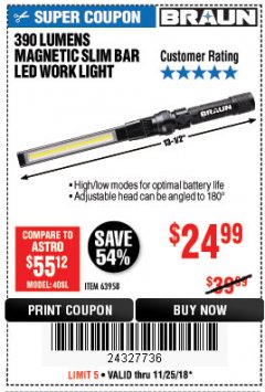 Harbor Freight Coupon BRAUN 390 LUMEN SLIM BAR FOLDING LED WORKLIGHT Lot No. 63958/56248/56329 Expired: 11/25/18 - $24.99