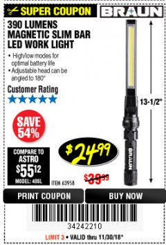 Harbor Freight Coupon BRAUN 390 LUMEN SLIM BAR FOLDING LED WORKLIGHT Lot No. 63958/56248/56329 Expired: 11/30/18 - $24.99