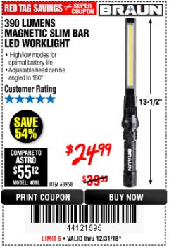 Harbor Freight Coupon BRAUN 390 LUMEN SLIM BAR FOLDING LED WORKLIGHT Lot No. 63958/56248/56329 Expired: 12/31/18 - $24.99