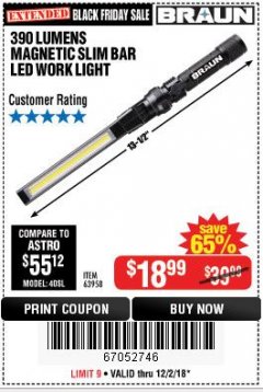 Harbor Freight Coupon BRAUN 390 LUMEN SLIM BAR FOLDING LED WORKLIGHT Lot No. 63958/56248/56329 Expired: 12/2/18 - $18.99