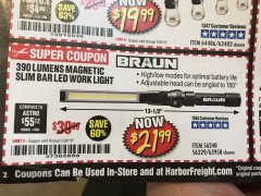 Harbor Freight Coupon BRAUN 390 LUMEN SLIM BAR FOLDING LED WORKLIGHT Lot No. 63958/56248/56329 Expired: 2/28/19 - $21.99