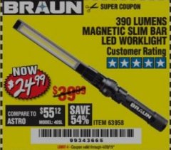 Harbor Freight Coupon BRAUN 390 LUMEN SLIM BAR FOLDING LED WORKLIGHT Lot No. 63958/56248/56329 Expired: 4/20/19 - $24.99