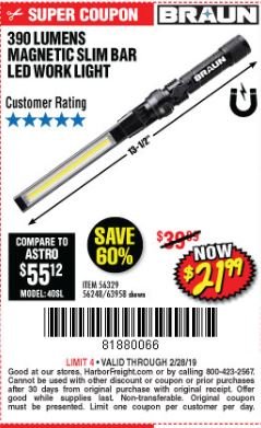 Harbor Freight Coupon BRAUN 390 LUMEN SLIM BAR FOLDING LED WORKLIGHT Lot No. 63958/56248/56329 Expired: 2/28/19 - $21.99