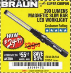 Harbor Freight Coupon BRAUN 390 LUMEN SLIM BAR FOLDING LED WORKLIGHT Lot No. 63958/56248/56329 Expired: 6/5/19 - $24.99