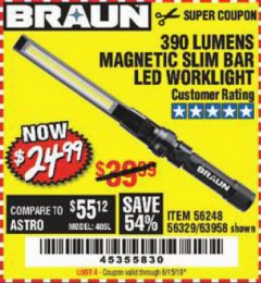 Harbor Freight Coupon BRAUN 390 LUMEN SLIM BAR FOLDING LED WORKLIGHT Lot No. 63958/56248/56329 Expired: 6/15/19 - $24.99