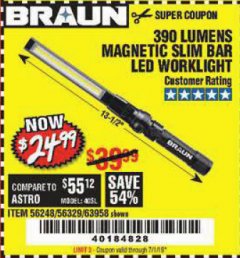 Harbor Freight Coupon BRAUN 390 LUMEN SLIM BAR FOLDING LED WORKLIGHT Lot No. 63958/56248/56329 Expired: 7/1/19 - $24.99